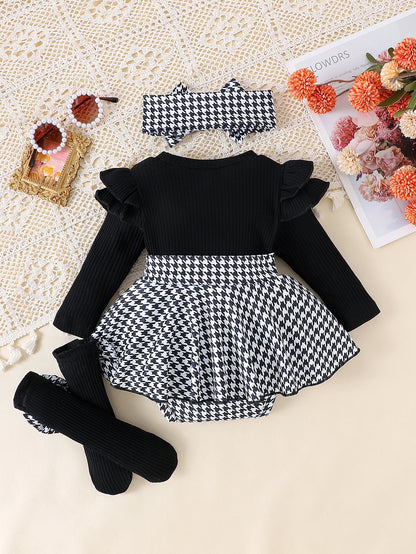 Baby Girl Autumn 2-Piece Outfit Set – Black Top + Houndstooth Skirt + Hair Band for 0–1 Year