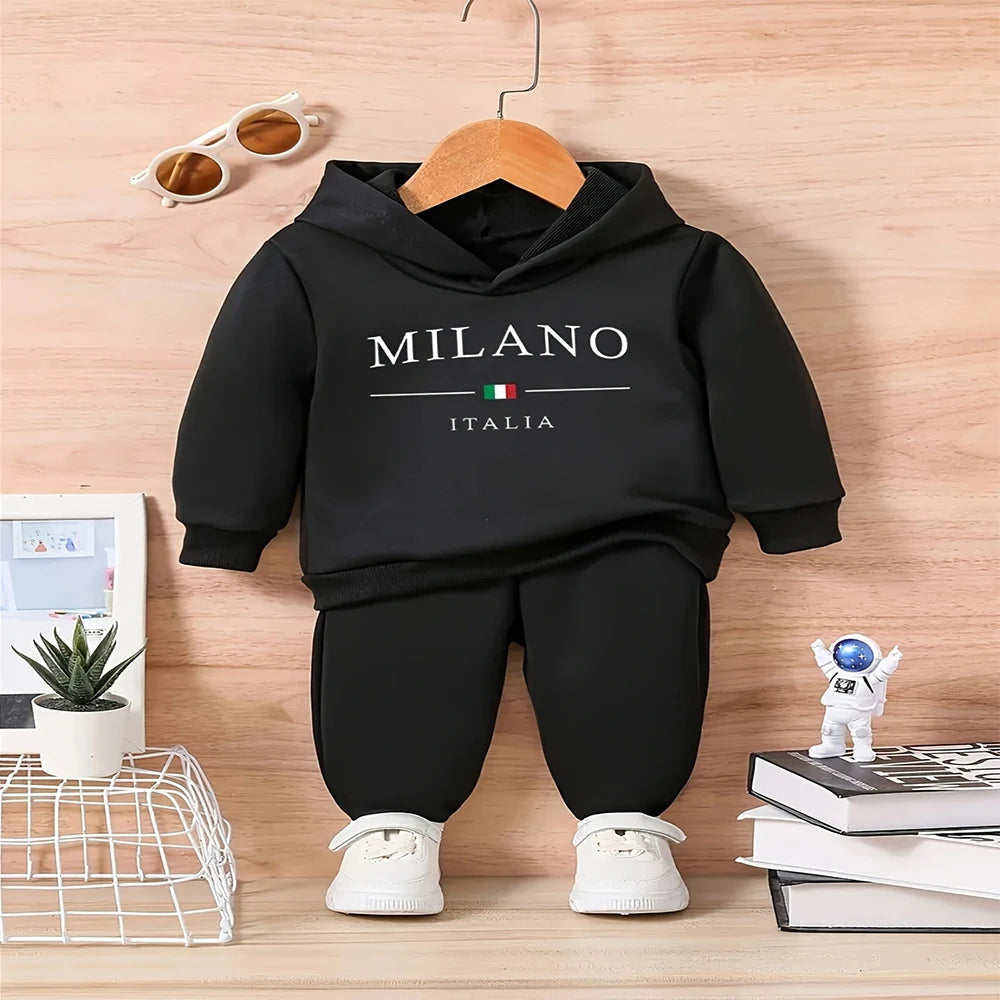 Baby Boy Fleece Hooded Sweatshirt & Sports Pants Set – Letter Print Casual Suit 6M-3Y