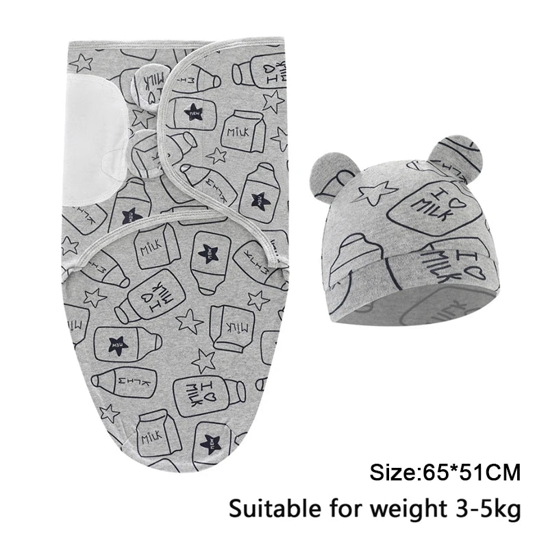 Newborn Baby Swaddle Blanket & Hat Set – Cartoon Cotton Wrap for 0-6 Months