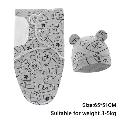 Newborn Baby Swaddle Blanket & Hat Set – Cartoon Cotton Wrap for 0-6 Months