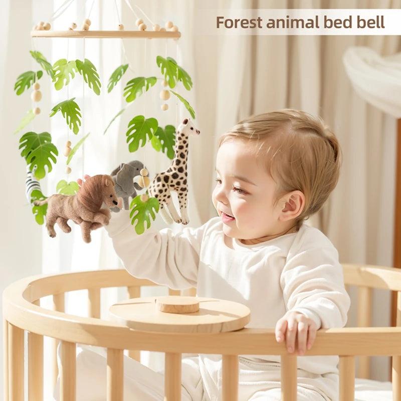 Baby Crib Mobile Rattle Toy – Felt Forest Animal Bed Bell with Wooden Bracket for 0–12 Months
