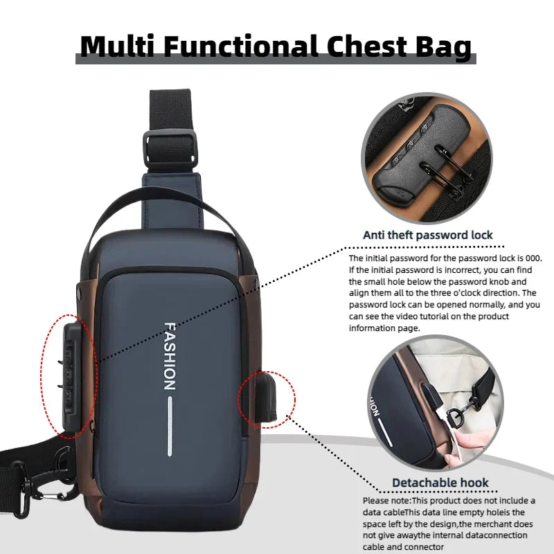 Men's Oxford Fabric Sling Bag with Phone Pocket & Zip Closure