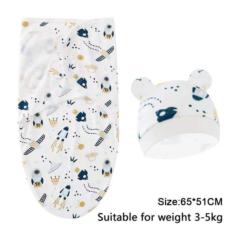 Newborn Baby Swaddle Blanket & Hat Set – Cartoon Cotton Wrap for 0-6 Months