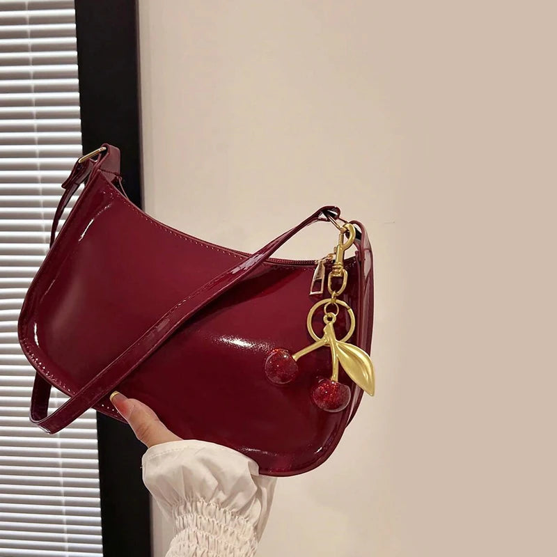 Women's PU Leather Shoulder Bag with Cherry Pendant