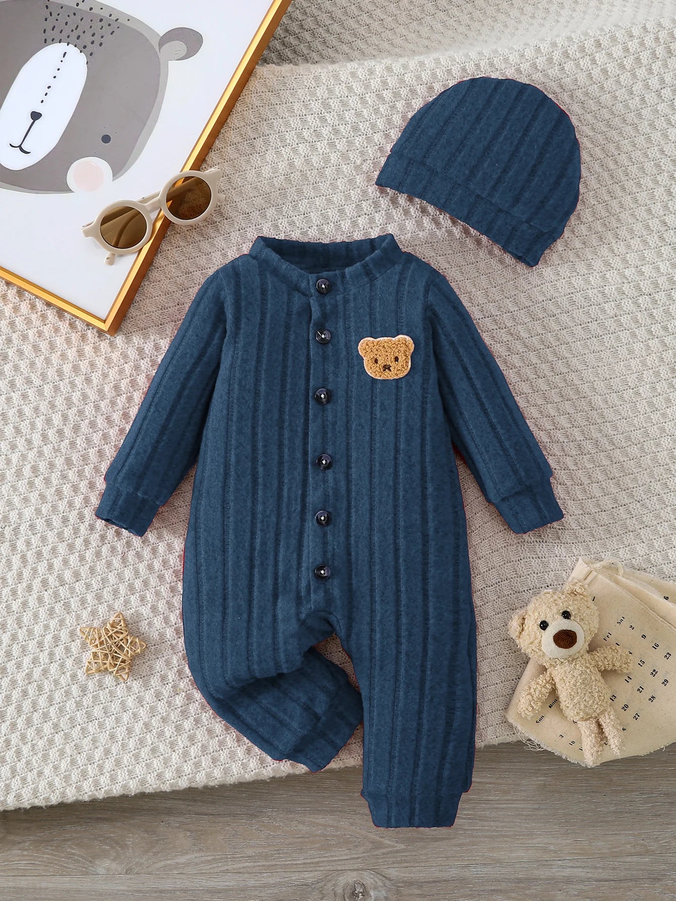 Baby Boy Winter Red Onesie & Hat Set – Cute Bear Badge Single-Breasted Romper for 1–18 Months