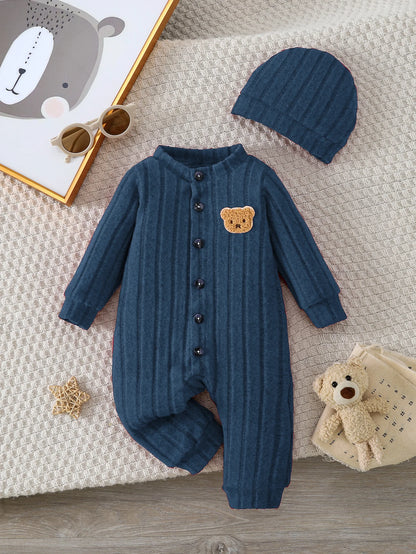 Baby Boy Winter Red Onesie & Hat Set – Cute Bear Badge Single-Breasted Romper for 1–18 Months