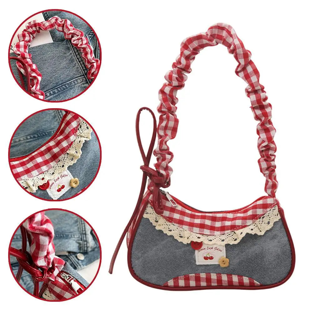 Women's Grid Fabric Tote Bag with Lace Ribbon Strap