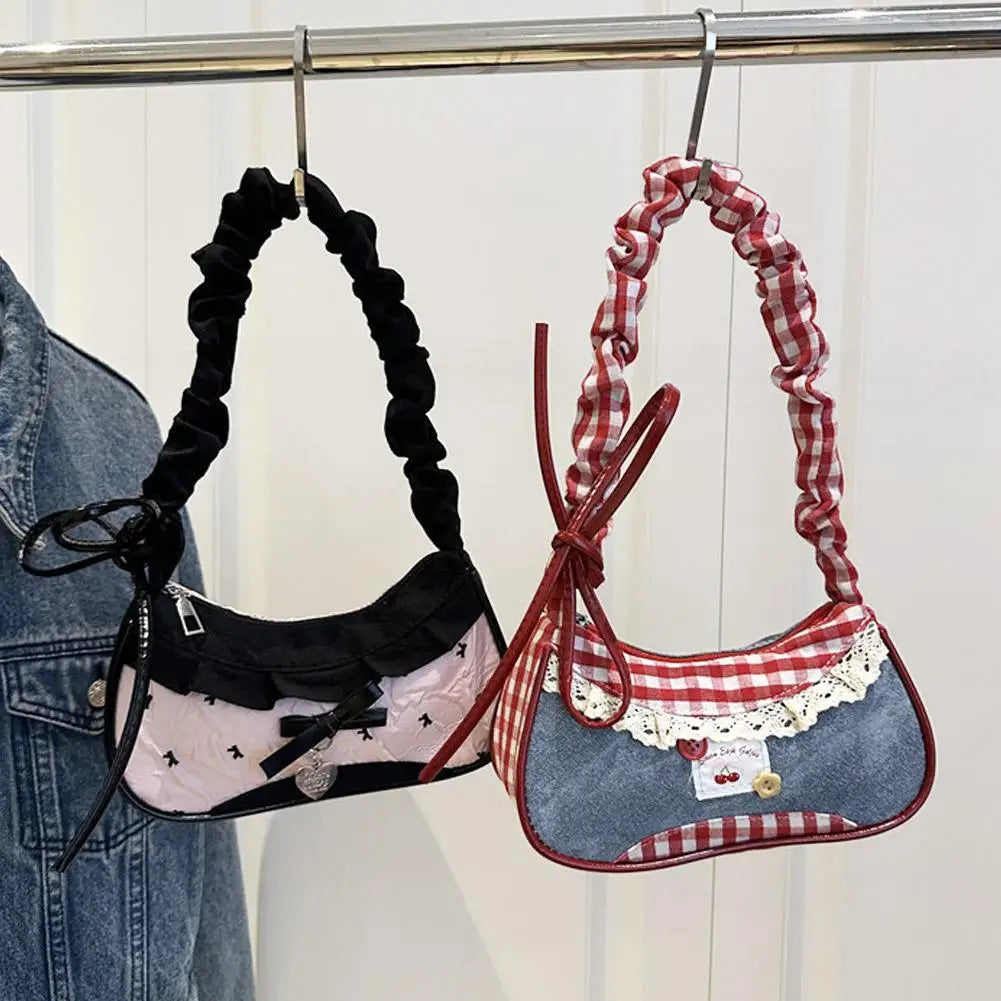 Women's Grid Fabric Tote Bag with Lace Ribbon Strap