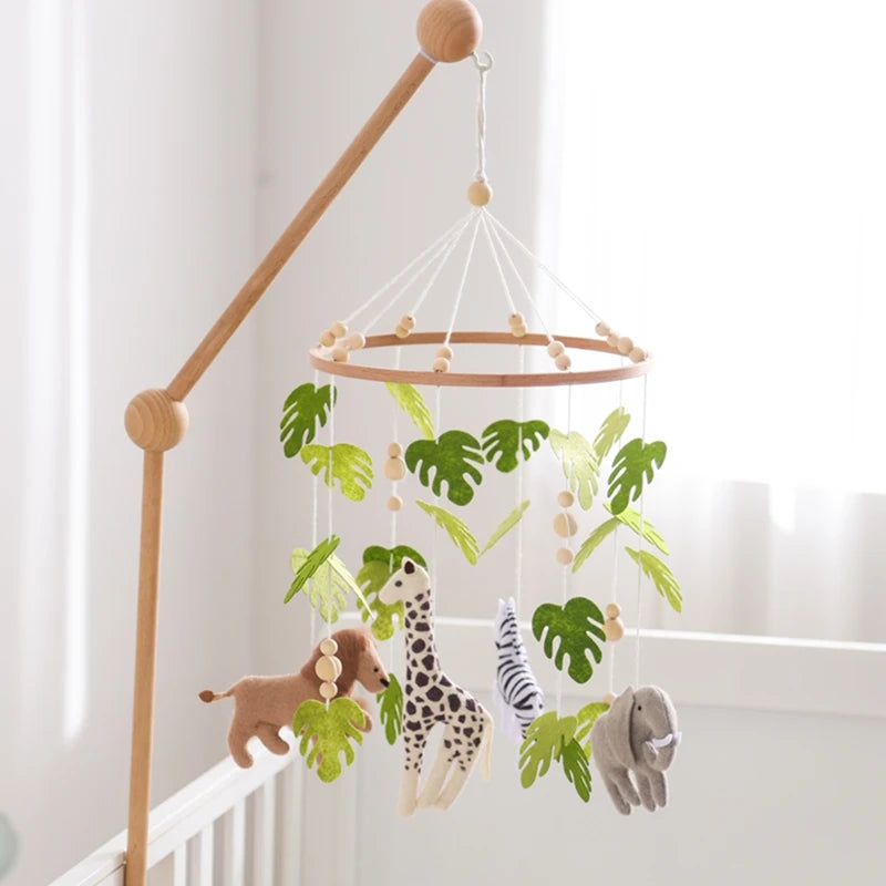 Baby Crib Mobile Rattle Toy – Felt Forest Animal Bed Bell with Wooden Bracket for 0–12 Months