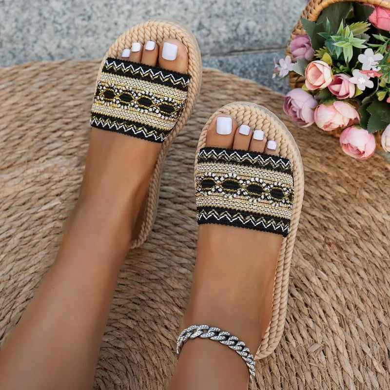Women's Bohemian Tassel Beach Slippers – Flat Ethnic Sandal Slides in Large Sizes
