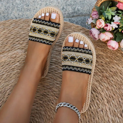 Women's Bohemian Tassel Beach Slippers – Flat Ethnic Sandal Slides in Large Sizes