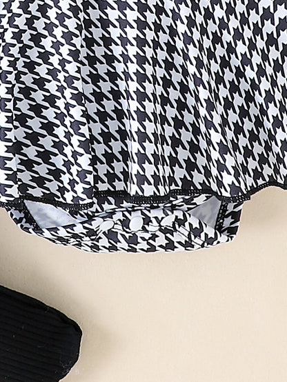Baby Girl Autumn 2-Piece Outfit Set – Black Top + Houndstooth Skirt + Hair Band for 0–1 Year