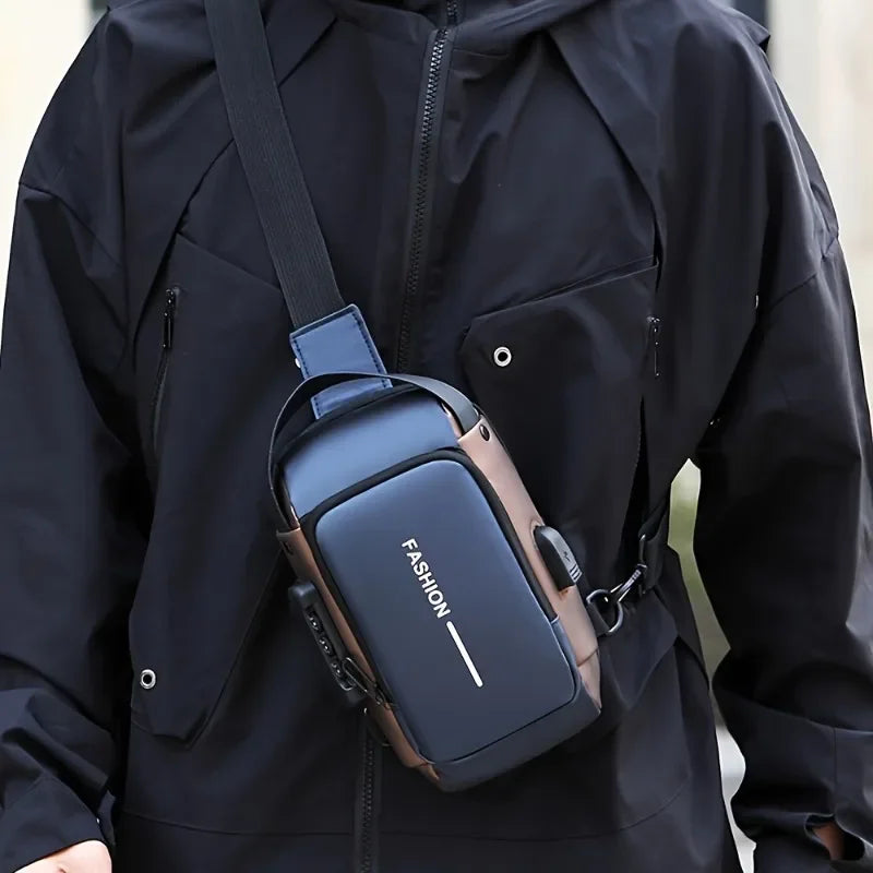 Men's Oxford Fabric Sling Bag with Phone Pocket & Zip Closure