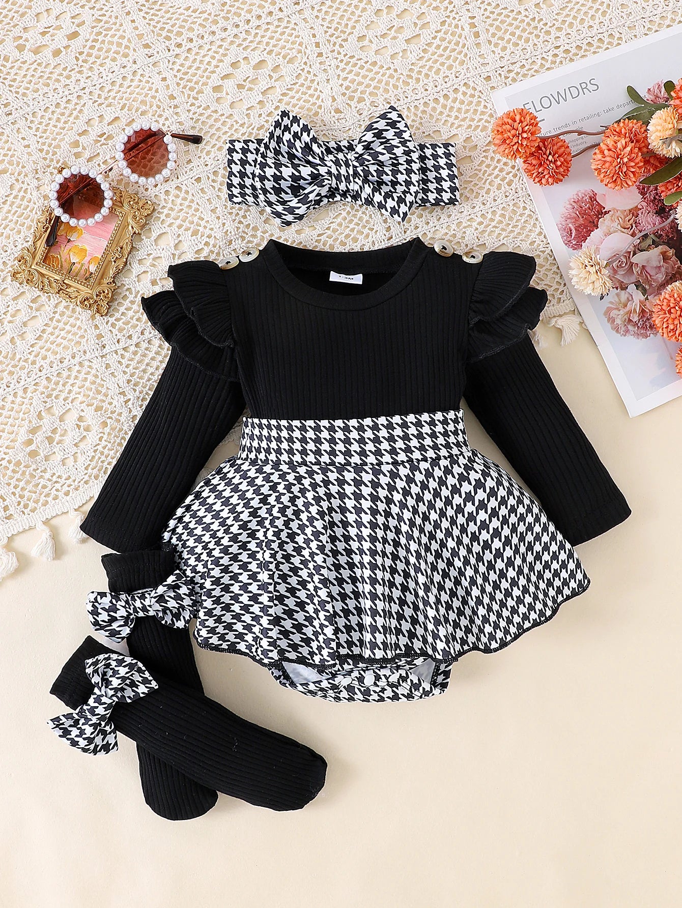 Baby Girl Autumn 2-Piece Outfit Set – Black Top + Houndstooth Skirt + Hair Band for 0–1 Year