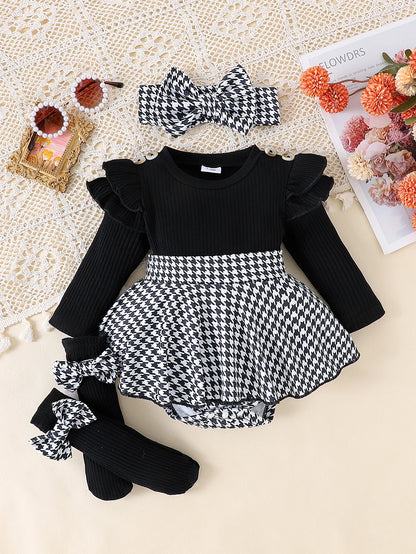 Baby Girl Autumn 2-Piece Outfit Set – Black Top + Houndstooth Skirt + Hair Band for 0–1 Year