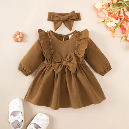 Baby Girl Autumn Dress with Headband – Ruffled Bow Long Sleeve Party Costume for 0–18 Months