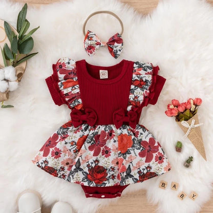 Summer Baby Girl Dress – Bowknot Striped Floral Jumpsuit Cotton Crawling Clothes for Newborns